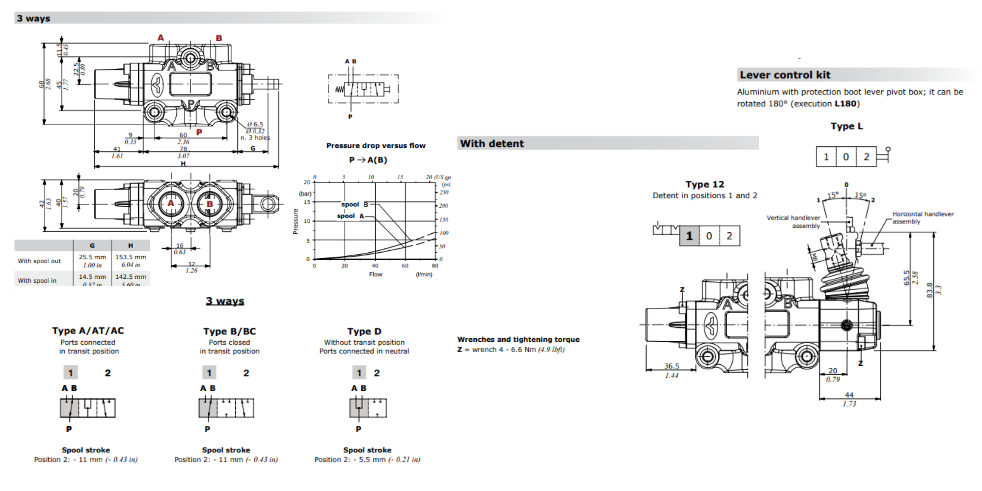 Walvoil, DF5/3A12L, 3 Ways 3/8, Open Centre, Detent, Lever Control Manual Spool Diverter Valve